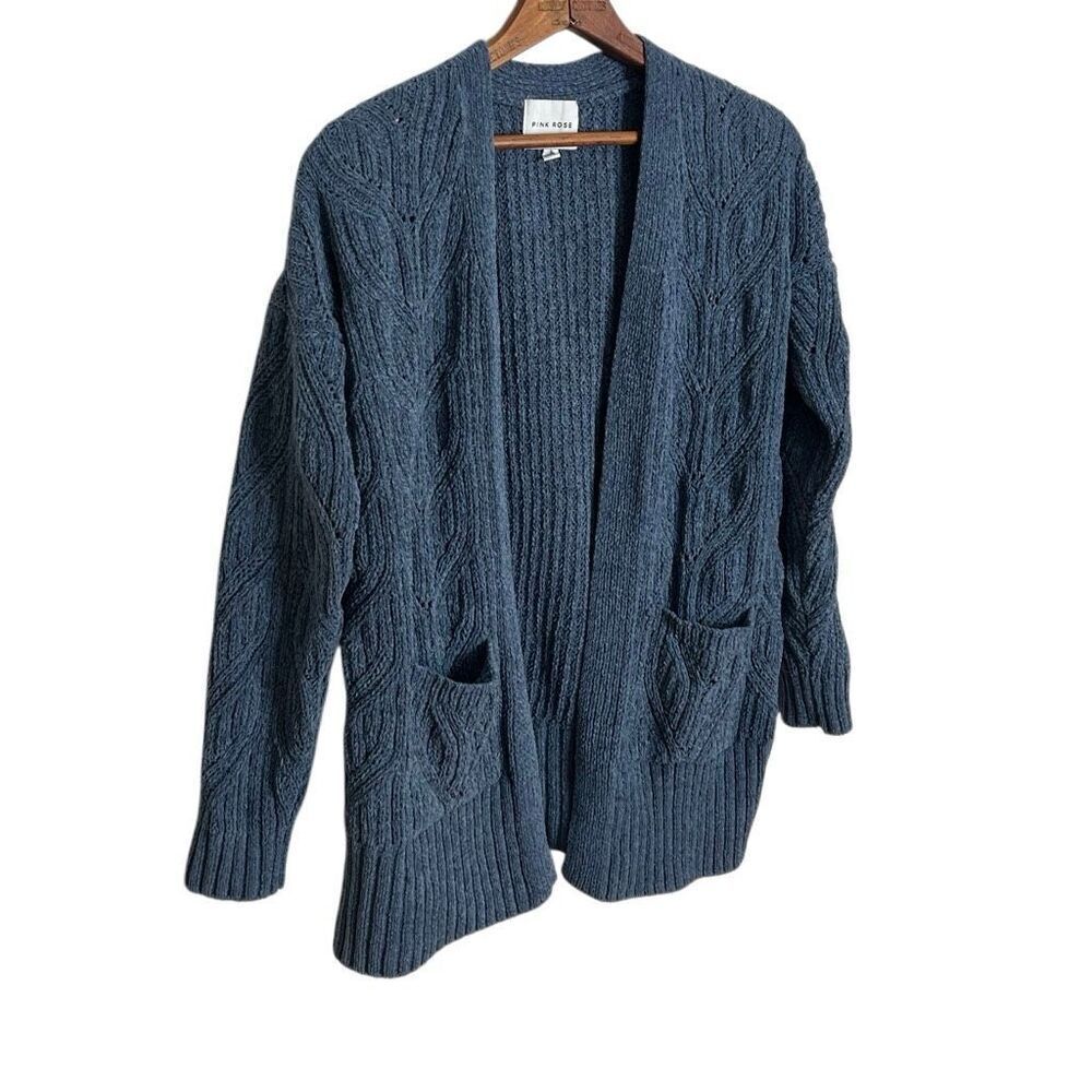 Pink Rose Open Front Cable Knit Pocket Cardigan Sweater Slate Blue Size Small - Picture 3 of 9